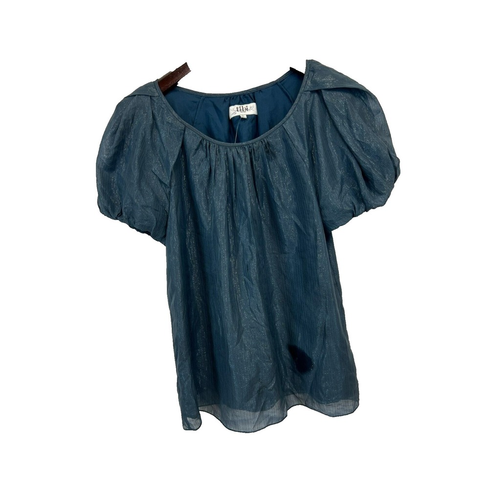 Tibi New York Short Puff Sleeve Top Teal Blue Shimmer Silk Scoop Neck Lined SZ 2